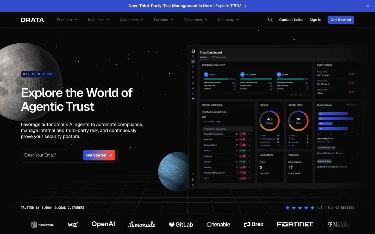 Drata's homepage, where safebase.io now redirects: the headline 'Explore the World of Agentic Trust' next to a trust dashboard showing SOC 2, ISO 27001 and GDPR compliance progress