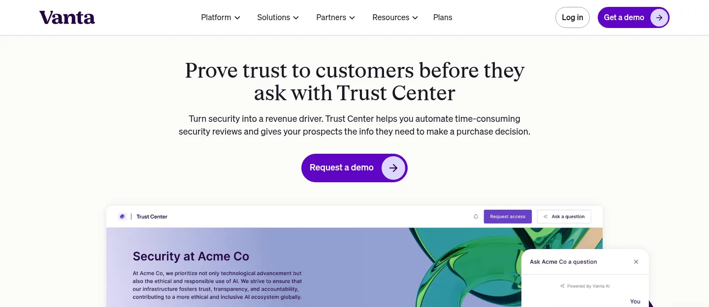 Vanta's Trust Center product page: the headline 'Prove trust to customers before they ask with Trust Center' above an example trust center for Acme Co with tabs for Compliance, Resources, Controls, Subprocessors, Updates and FAQ